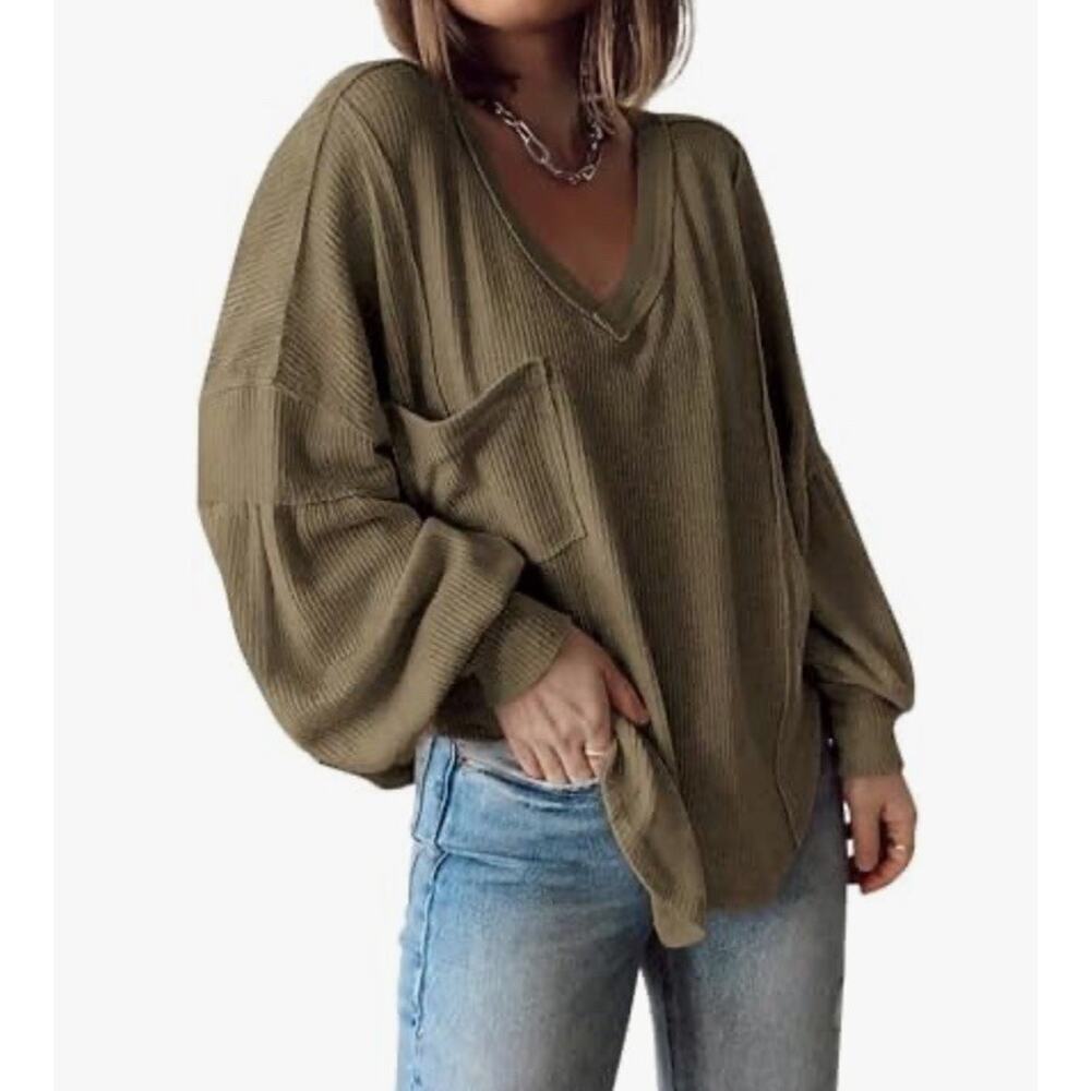 BTFBM Women Casual Long Sleeve V Neck Blouses Loose Fit Side Split Sz L New